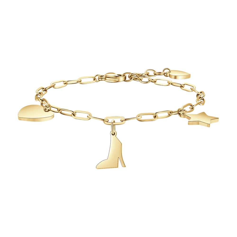 PULSERA DE ACERO DORADO PARA MUJER CON CORAZÓN, ZAPATO Y ESTRELLA