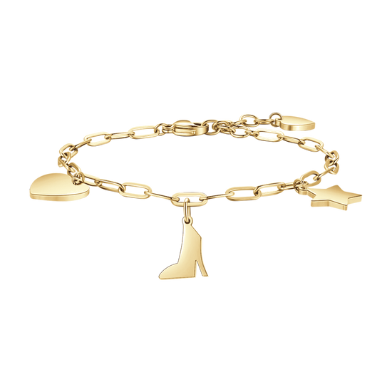 PULSERA DE ACERO DORADO PARA MUJER CON CORAZÓN, ZAPATO Y ESTRELLA