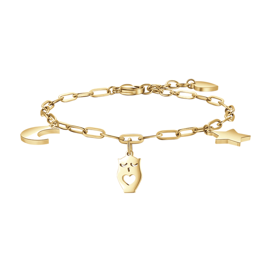 PULSERA DE ACERO DORADO PARA MUJER CON LUNA, BÚHO Y ESTRELLA