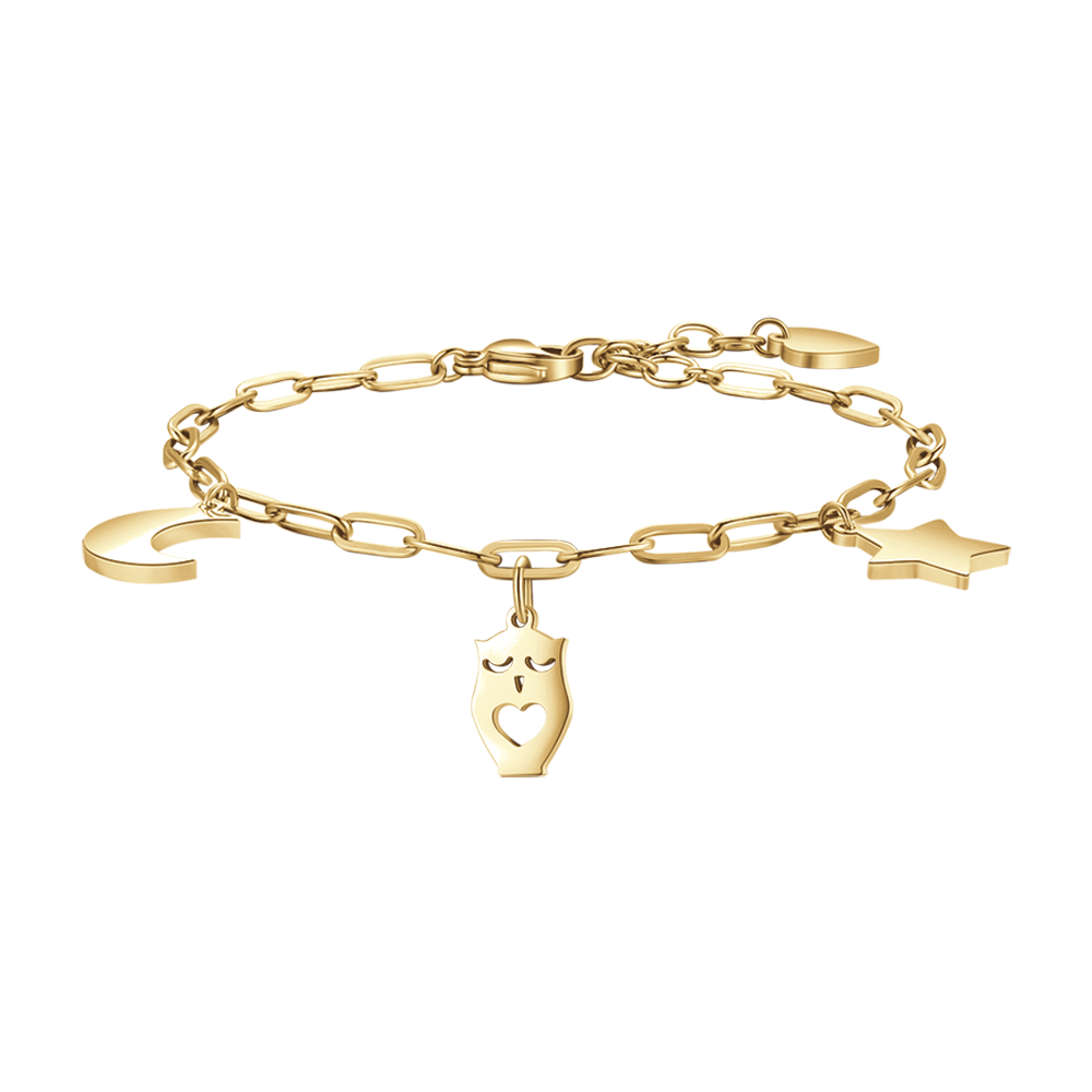 PULSERA DE ACERO DORADO PARA MUJER CON LUNA, BÚHO Y ESTRELLA