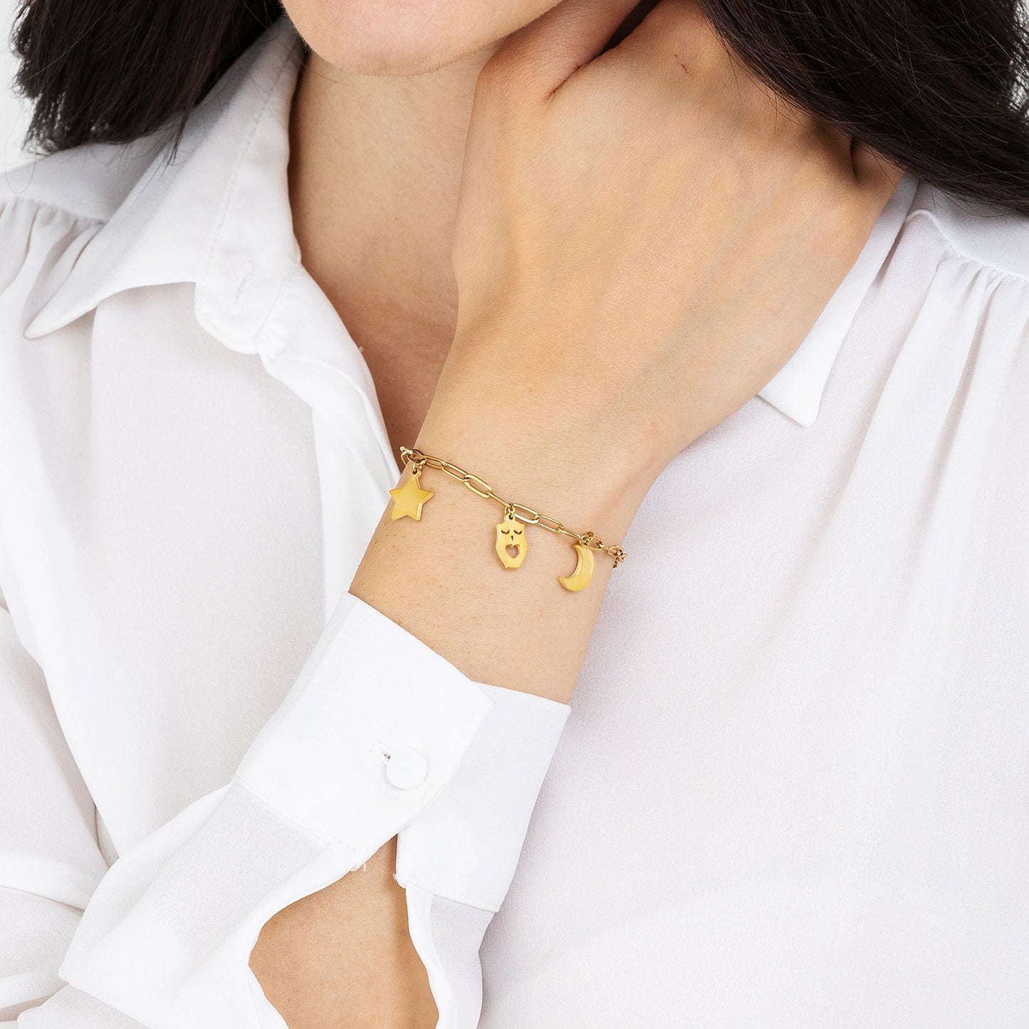 PULSERA DE ACERO DORADO PARA MUJER CON LUNA, BÚHO Y ESTRELLA
