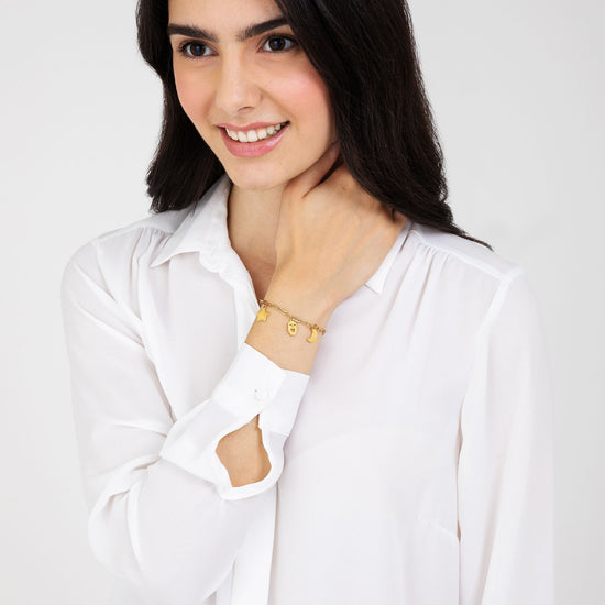 PULSERA DE ACERO DORADO PARA MUJER CON LUNA, BÚHO Y ESTRELLA