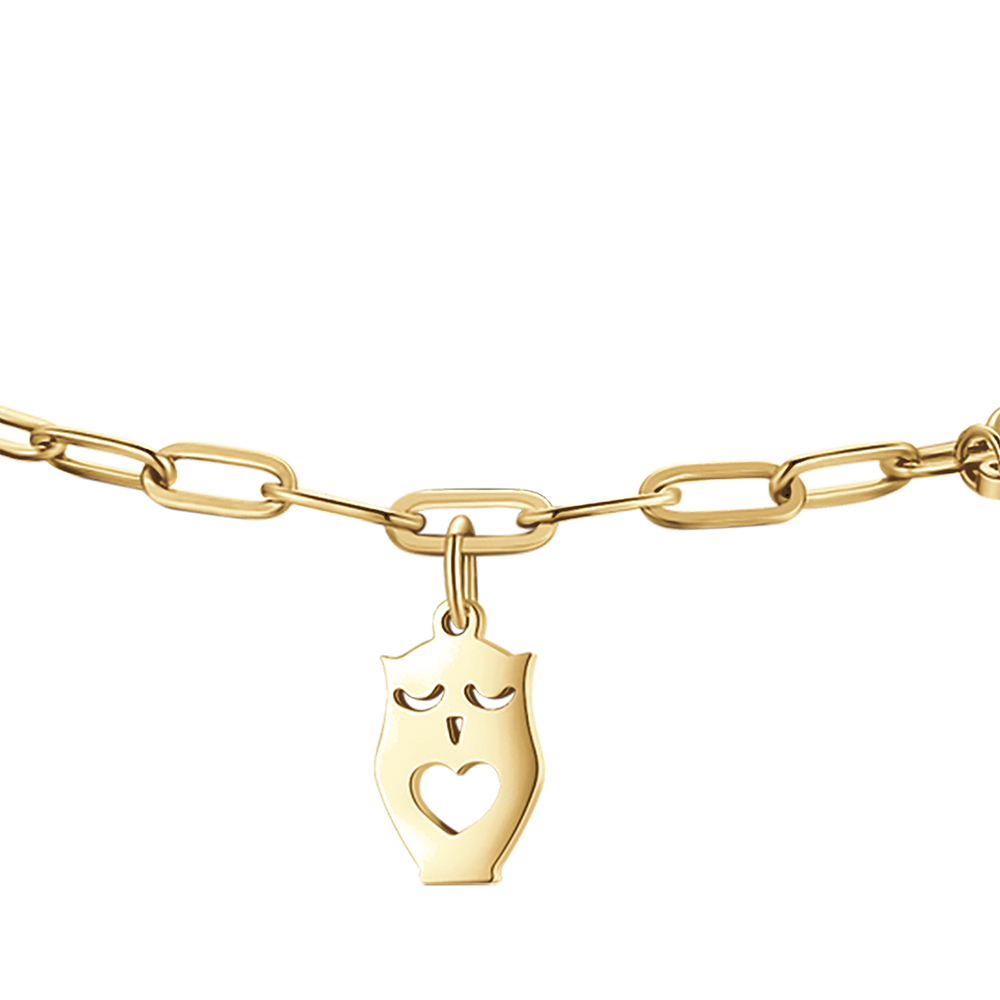PULSERA DE ACERO DORADO PARA MUJER CON LUNA, BÚHO Y ESTRELLA
