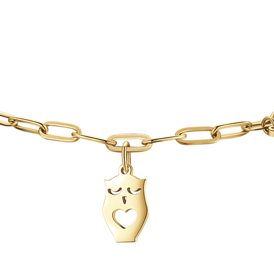PULSERA DE ACERO DORADO PARA MUJER CON LUNA, BÚHO Y ESTRELLA