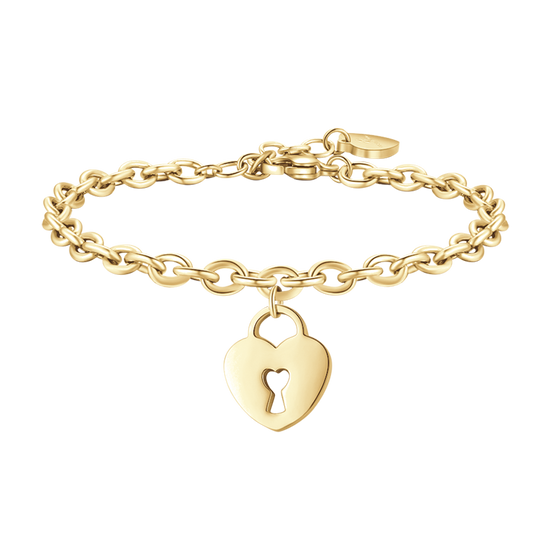 PULSERA DE ACERO DORADO CON CIERRE DE CORAZÓN PARA MUJER