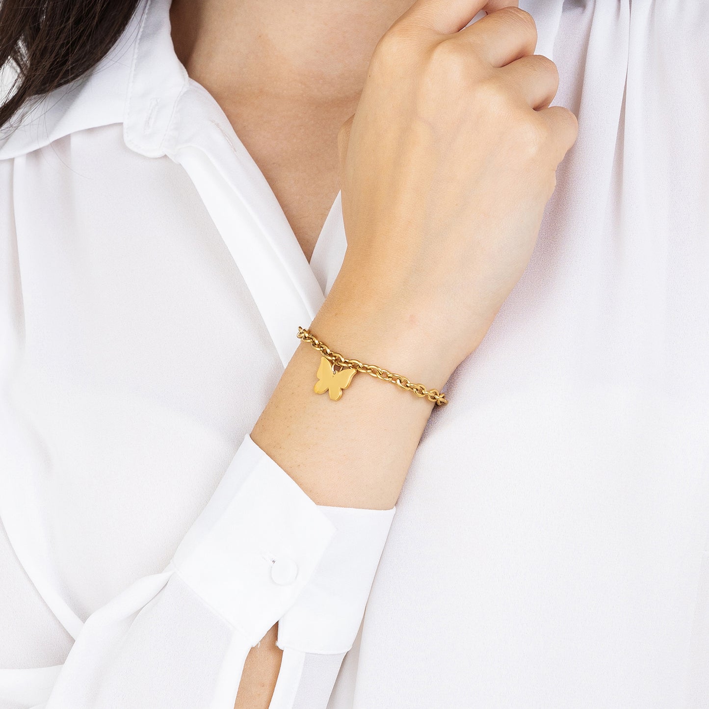 PULSERA DE ACERO DORADO PARA MUJER CON MARIPOSA