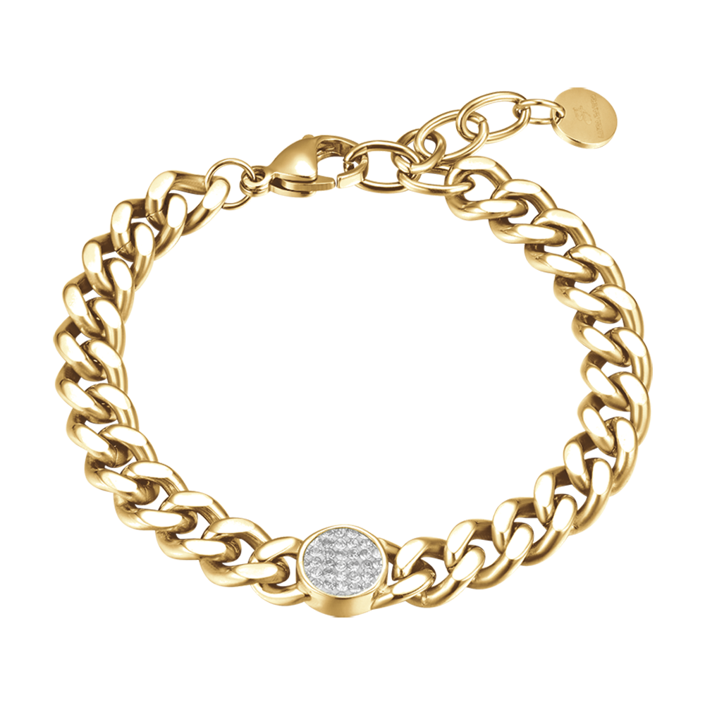 PULSERA DE MUJER DE ACERO DORADO CON ELEMENTO Y CRISTALES BLANCOS