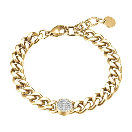 PULSERA DE MUJER DE ACERO DORADO CON ELEMENTO Y CRISTALES BLANCOS