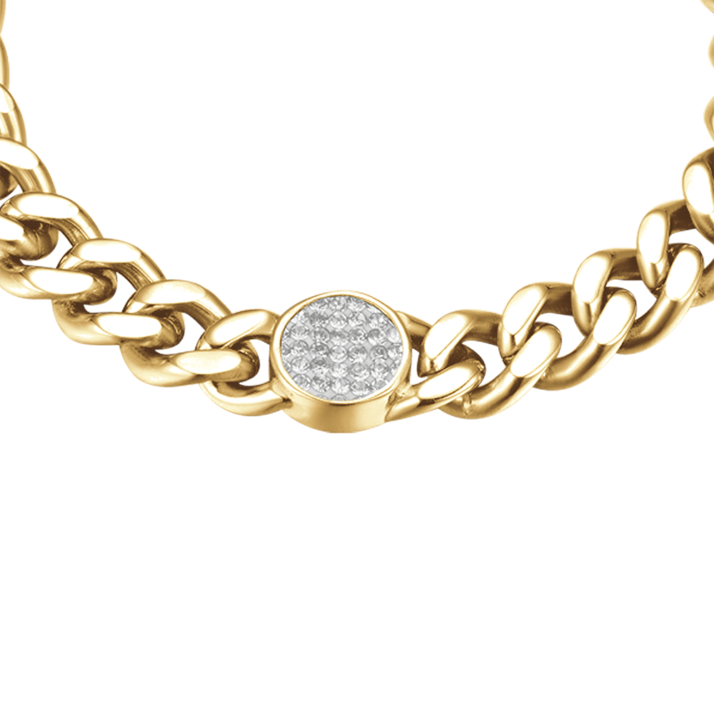 PULSERA DE MUJER DE ACERO DORADO CON ELEMENTO Y CRISTALES BLANCOS