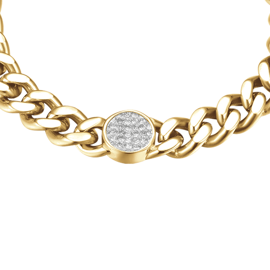 PULSERA DE MUJER DE ACERO DORADO CON ELEMENTO Y CRISTALES BLANCOS
