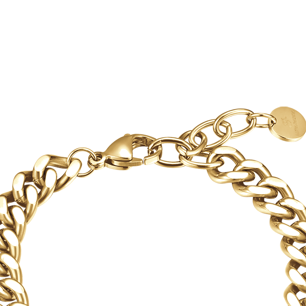 PULSERA DE MUJER DE ACERO DORADO CON ELEMENTO Y CRISTALES BLANCOS