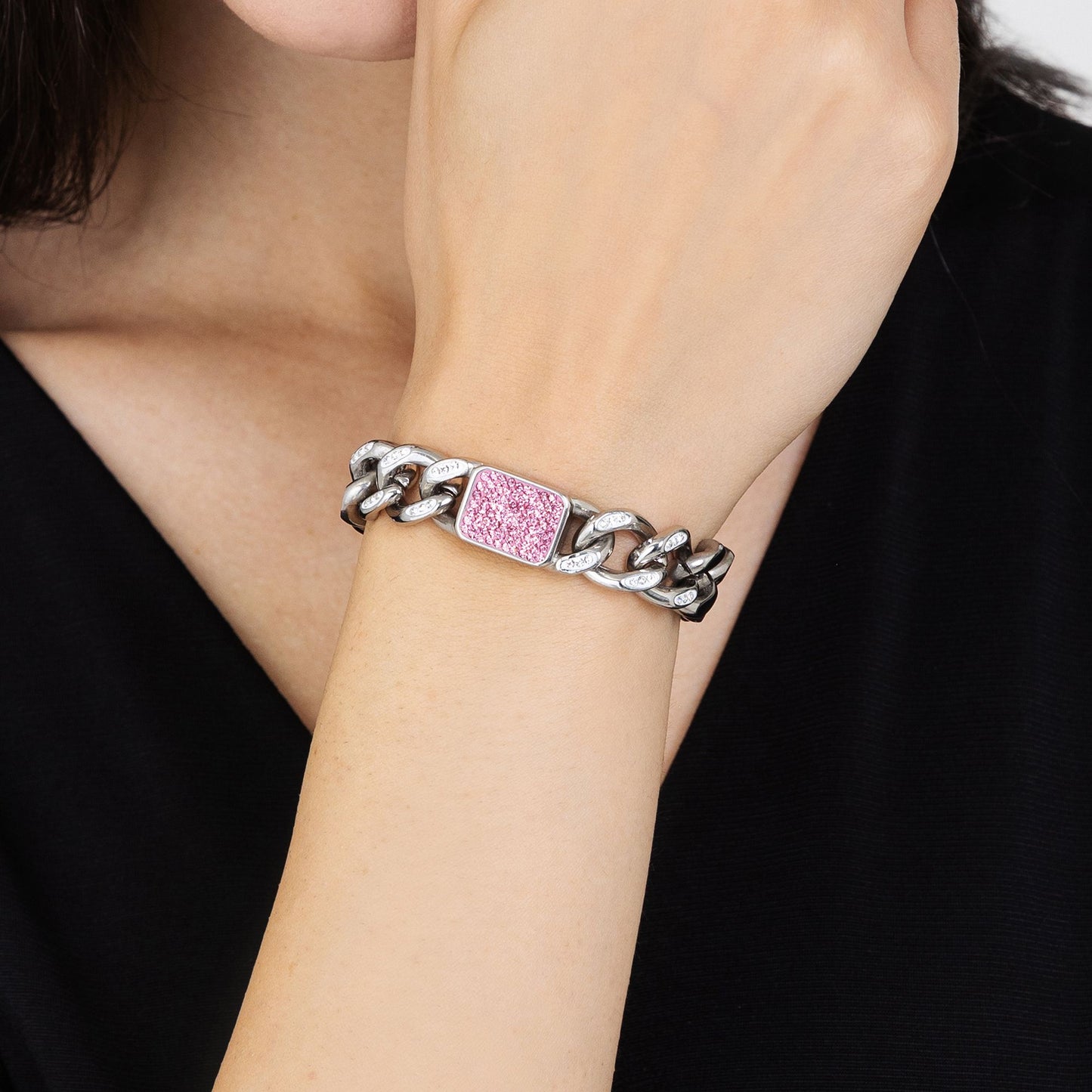 PULSERA DE ACERO PARA MUJER CON CRISTALES FUCSIA
