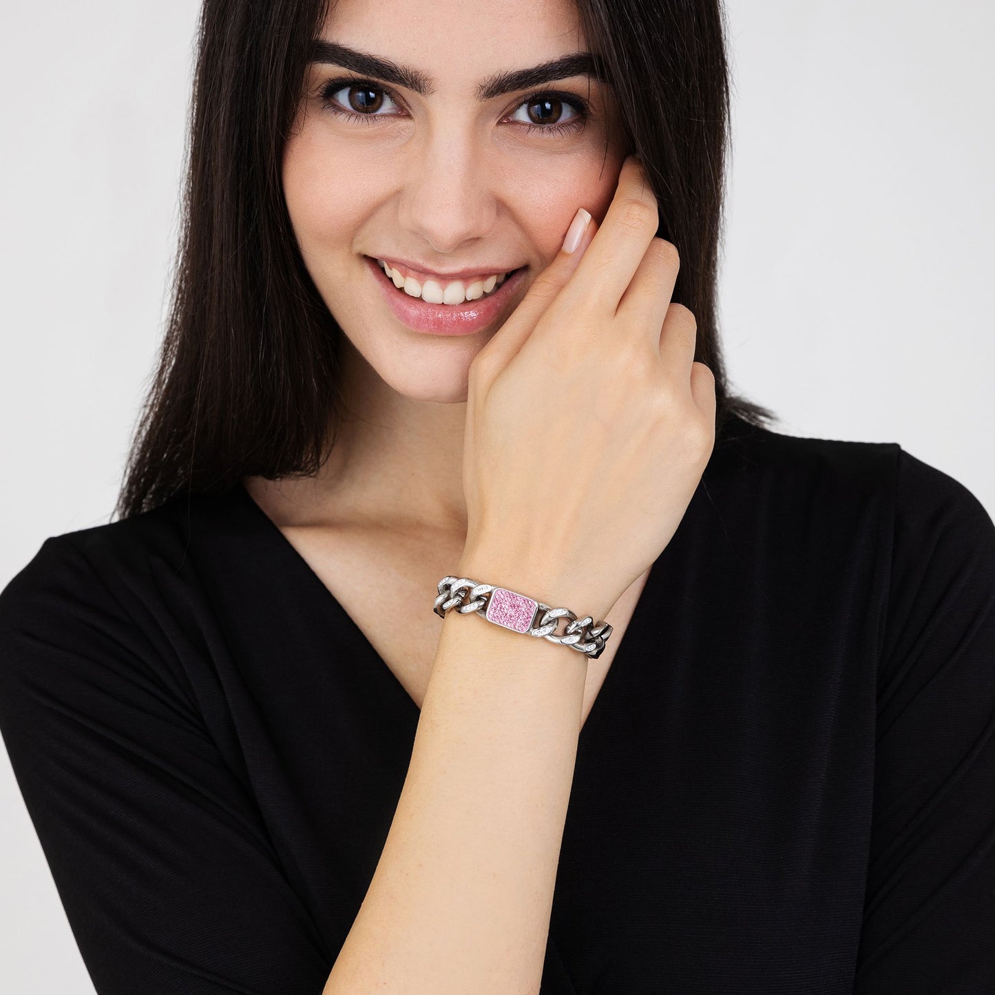 PULSERA DE ACERO PARA MUJER CON CRISTALES FUCSIA