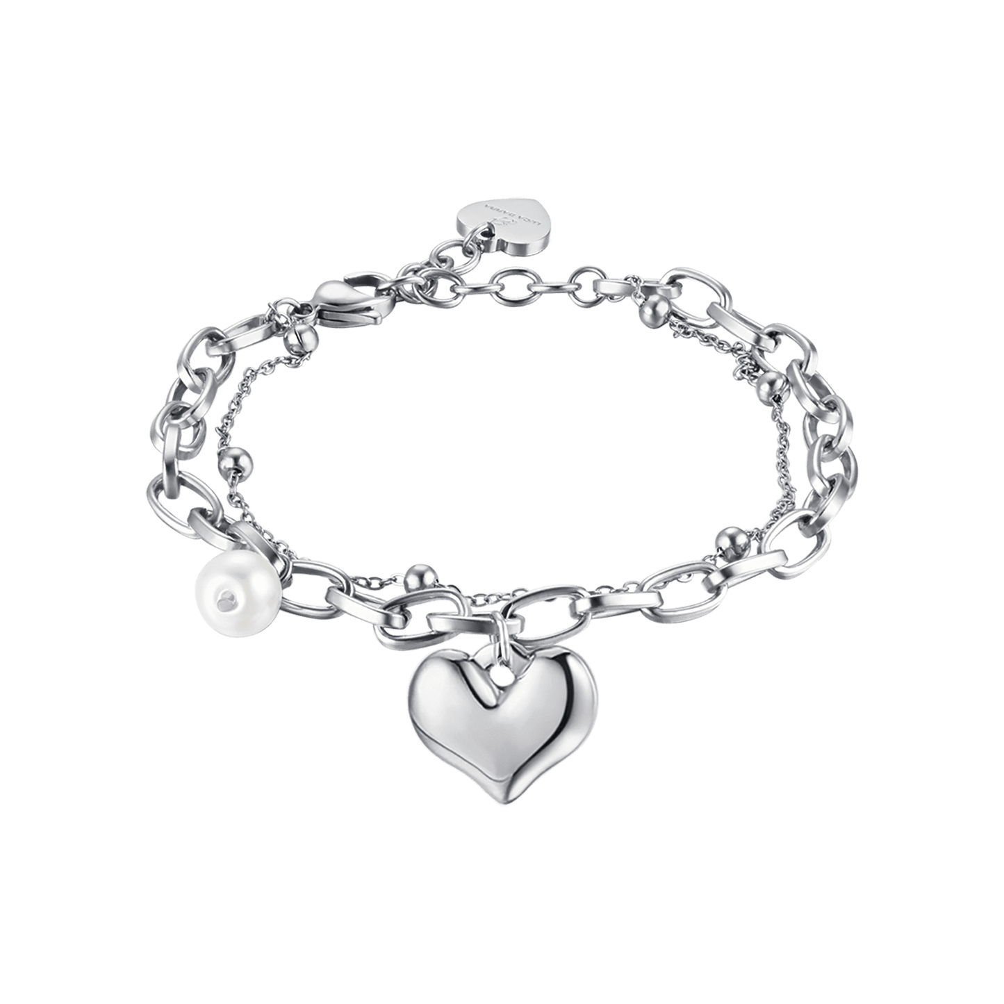 PULSERA DE ACERO PARA MUJER CON CORAZÓN Y PERLAS