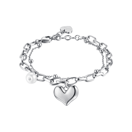 PULSERA DE ACERO PARA MUJER CON CORAZÓN Y PERLAS