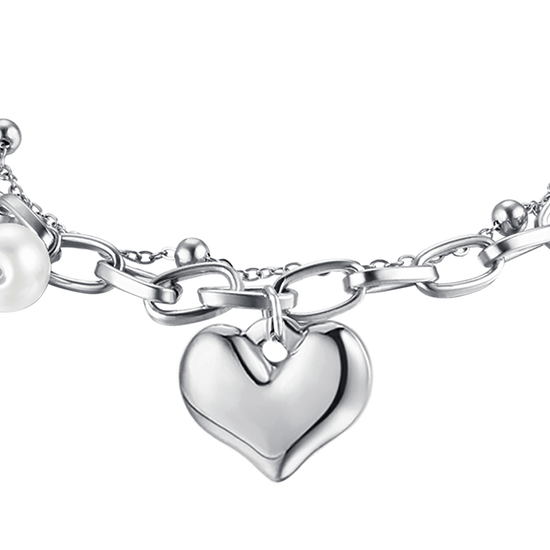 PULSERA DE ACERO PARA MUJER CON CORAZÓN Y PERLAS