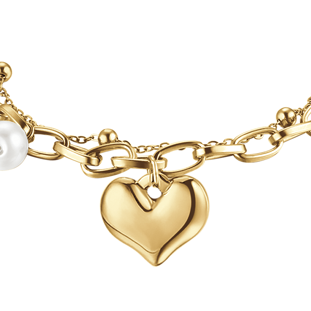 PULSERA DE ACERO PARA MUJER CON CORAZÓN Y PERLAS