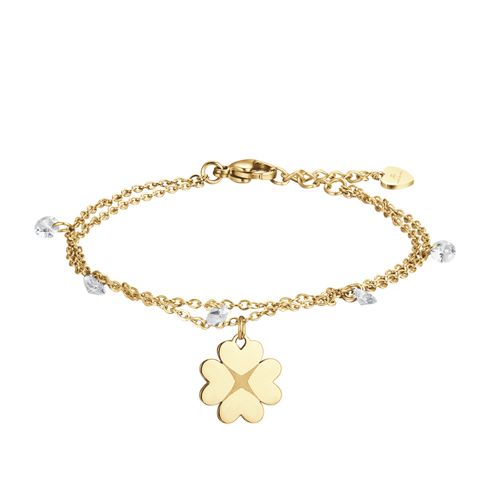 IP PULSERA DE ACERO DORADO PARA MUJER CON TRÉBOL DE CUATRO HOJAS Y CRISTALES