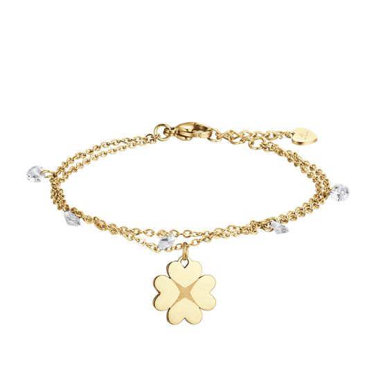 IP PULSERA DE ACERO DORADO PARA MUJER CON TRÉBOL DE CUATRO HOJAS Y CRISTALES