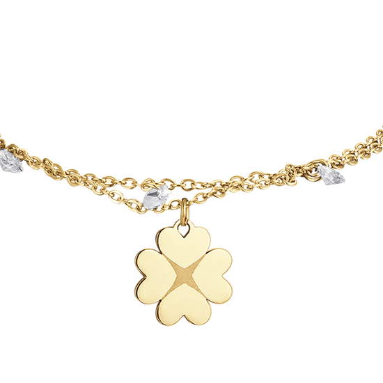 IP PULSERA DE ACERO DORADO PARA MUJER CON TRÉBOL DE CUATRO HOJAS Y CRISTALES