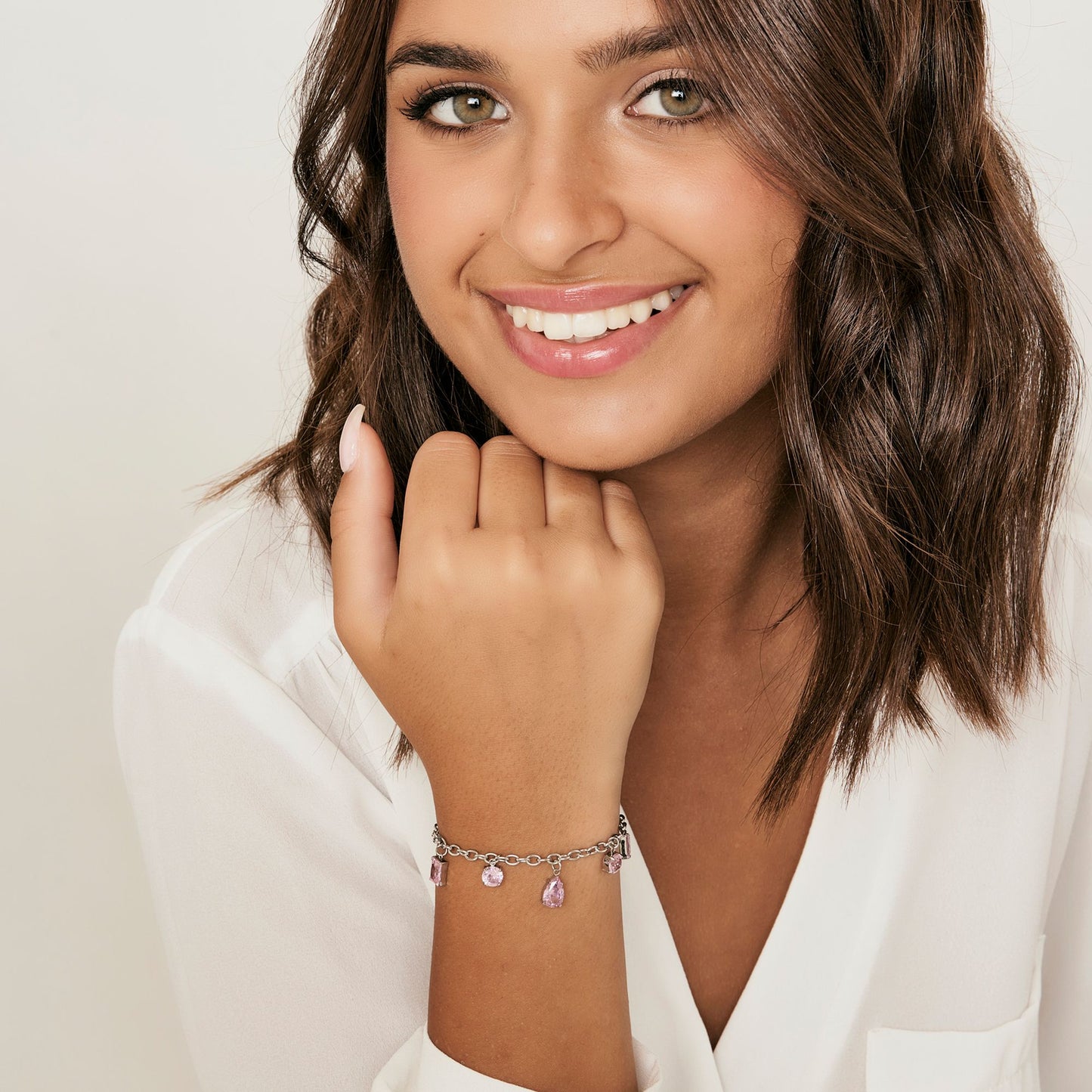 PULSERA DE ACERO PARA MUJER CON CRISTALES ROSAS