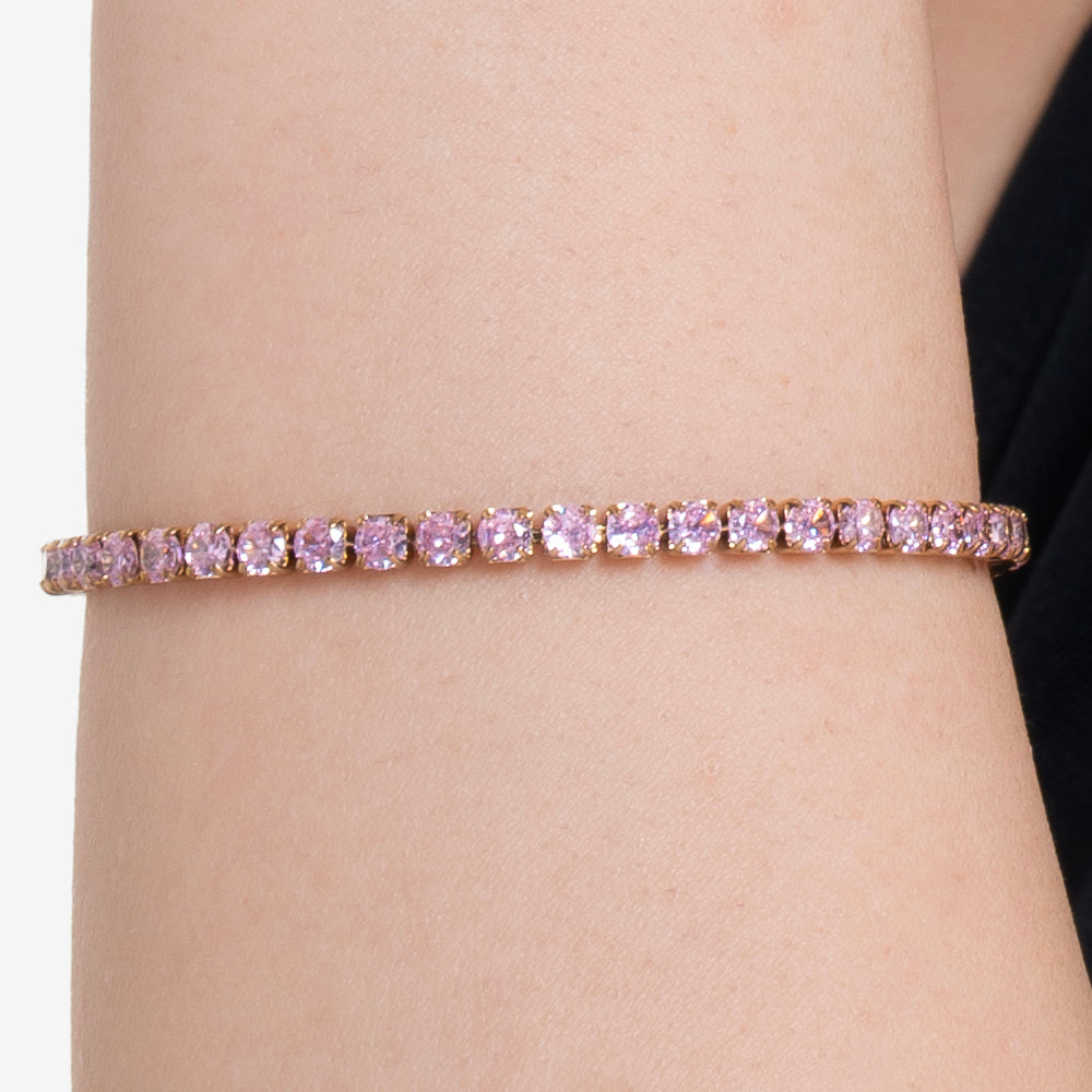 PULSERA DE TENIS PARA MUJER EN ACERO ORO IP CON CRISTALES ROSAS Luca Barra