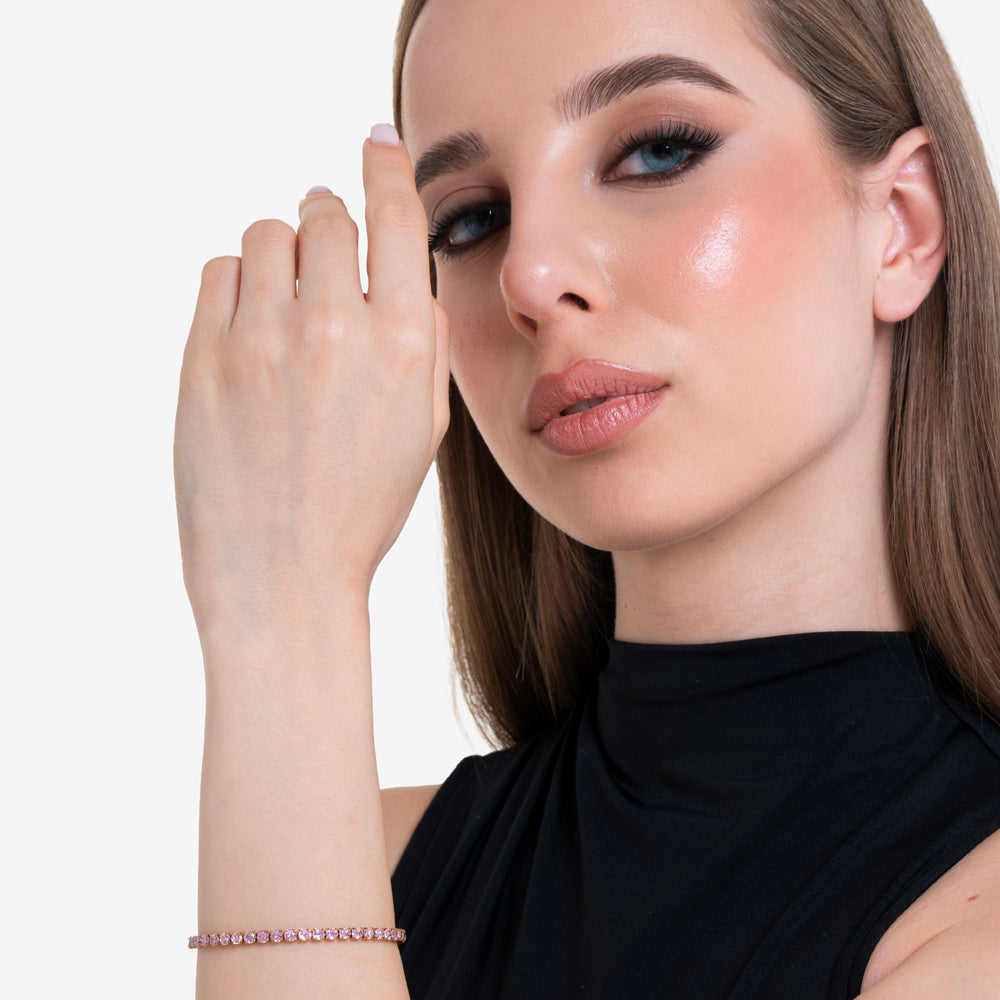 PULSERA DE TENIS DE ACERO IP DE MUJER CON CRISTALES ROSAS