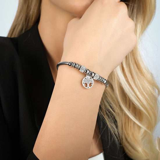 PULSERA DE ACERO ÁRBOL DE LA VIDA PARA MUJER CON CRISTALES BLANCOS