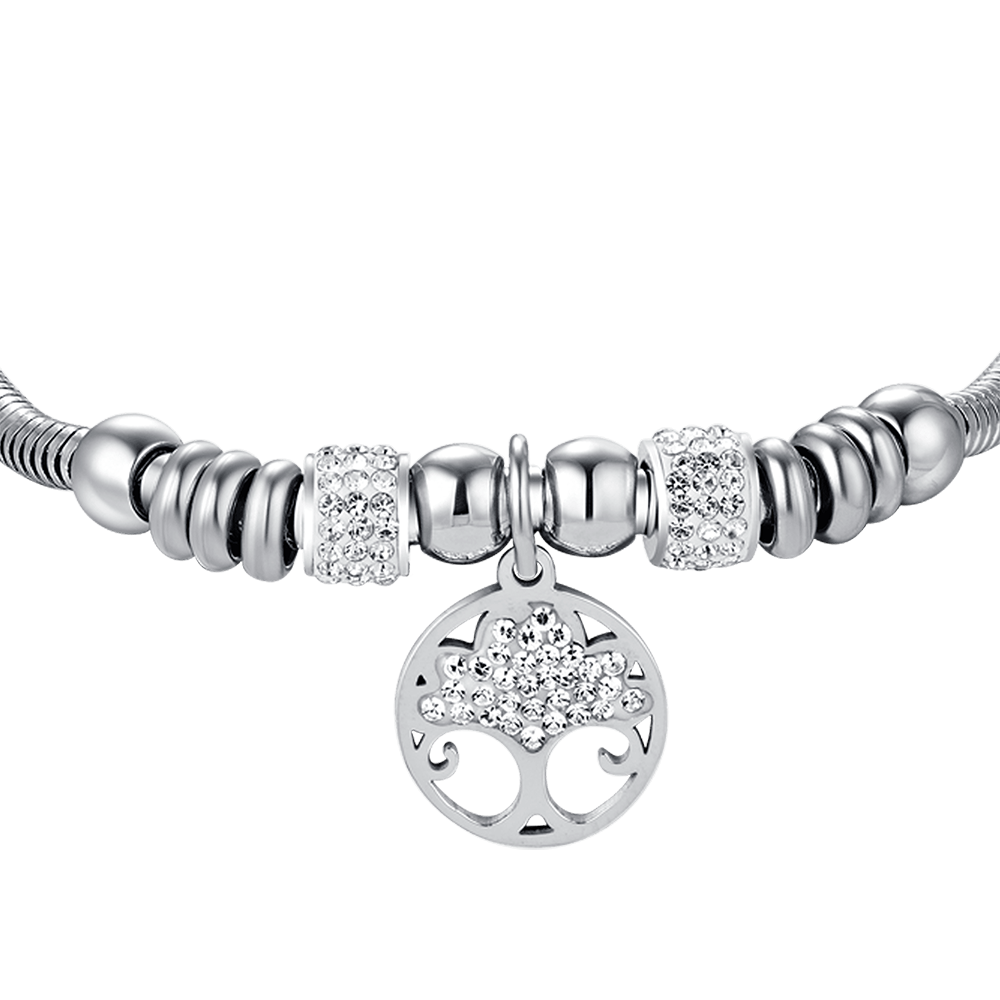 PULSERA DE ACERO ÁRBOL DE LA VIDA PARA MUJER CON CRISTALES BLANCOS