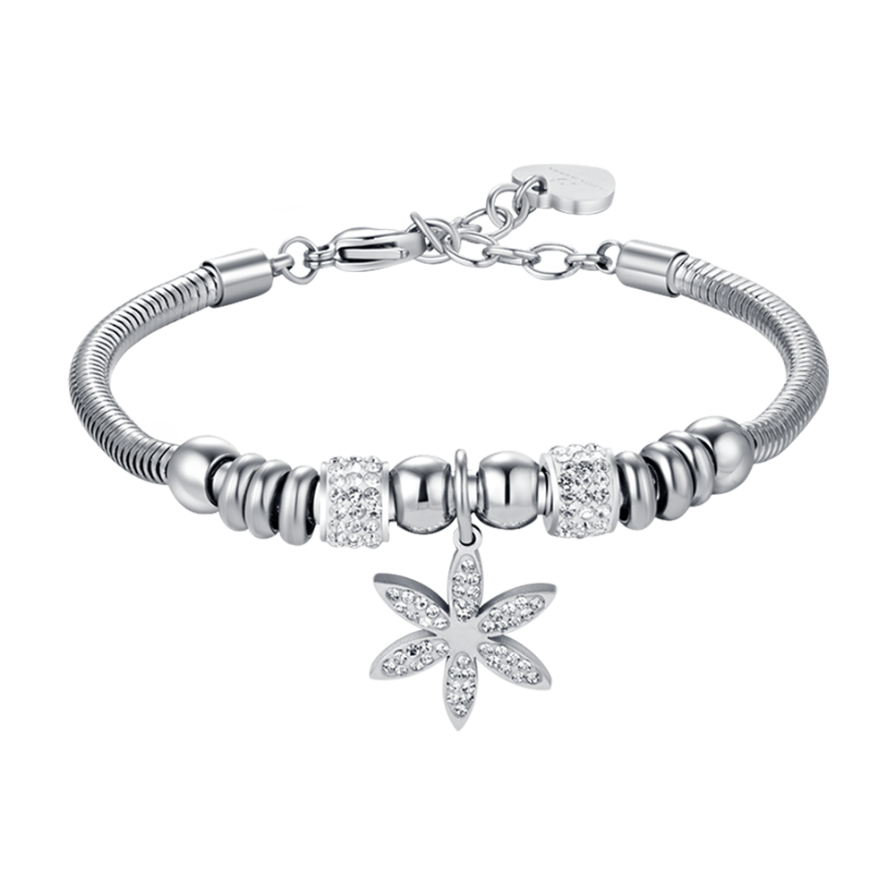 PULSERA DE ACERO PARA MUJER CON FLOR DE LA VIDA CON CRISTALES BLANCOS