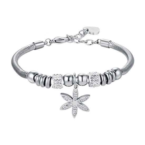 PULSERA DE ACERO PARA MUJER CON FLOR DE LA VIDA CON CRISTALES BLANCOS