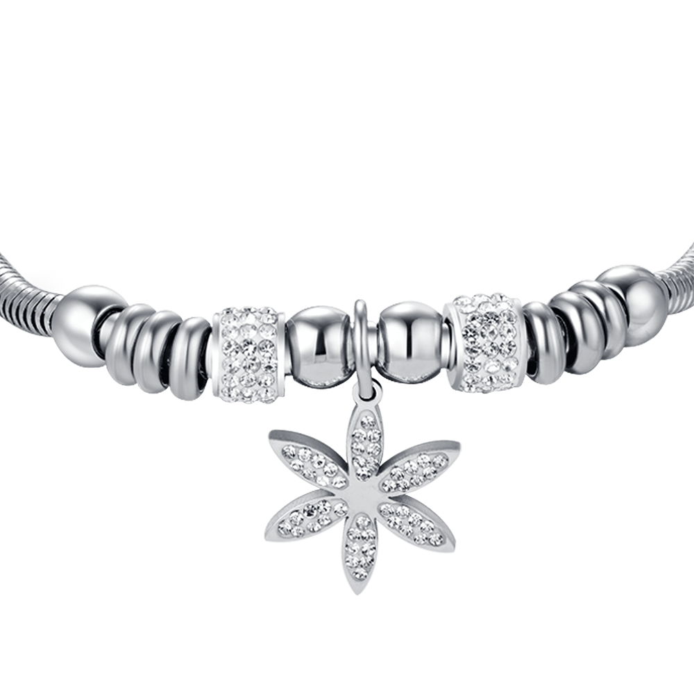 PULSERA DE ACERO PARA MUJER CON FLOR DE LA VIDA CON CRISTALES BLANCOS