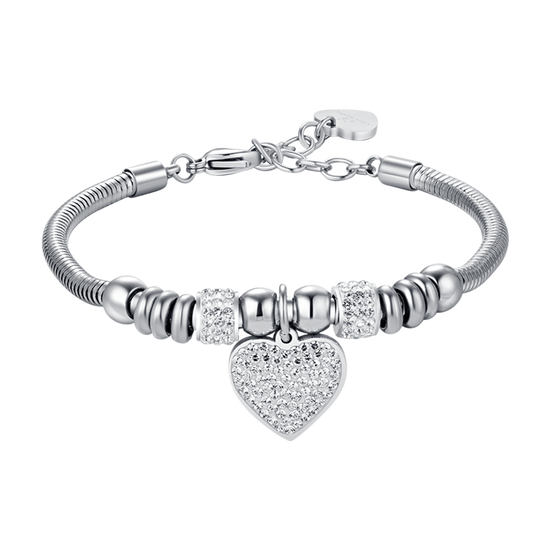PULSERA DE ACERO DE MUJER CON CORAZÓN Y CRISTALES BLANCOS