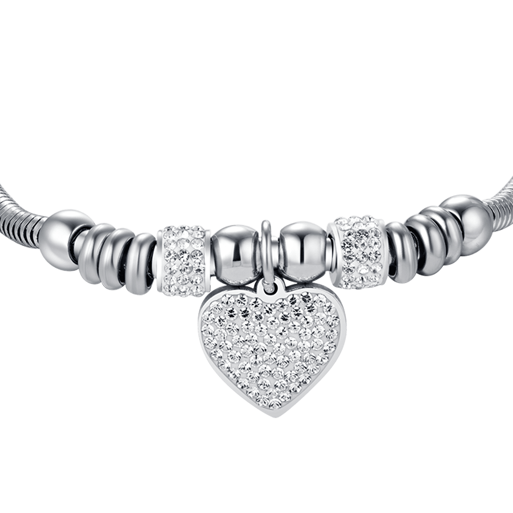 PULSERA DE ACERO DE MUJER CON CORAZÓN Y CRISTALES BLANCOS