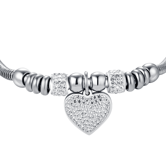 PULSERA DE ACERO DE MUJER CON CORAZÓN Y CRISTALES BLANCOS