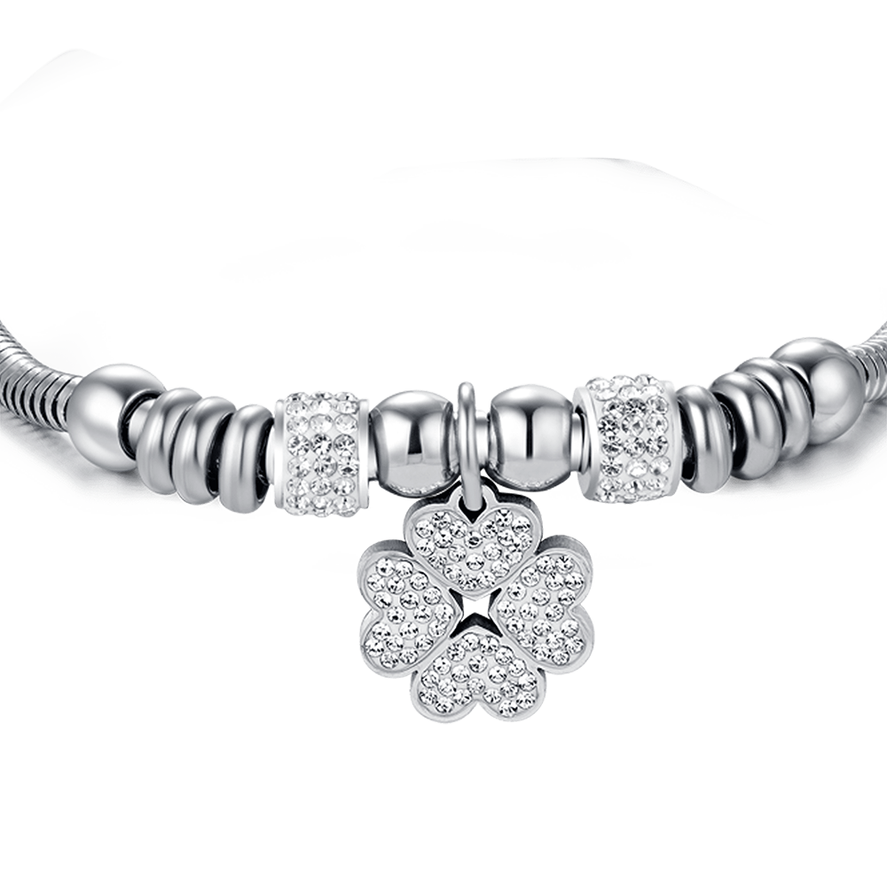 PULSERA DE ACERO PARA MUJER CON TRÉBOL DE CUATRO HOJAS CON CRISTALES BLANCOS