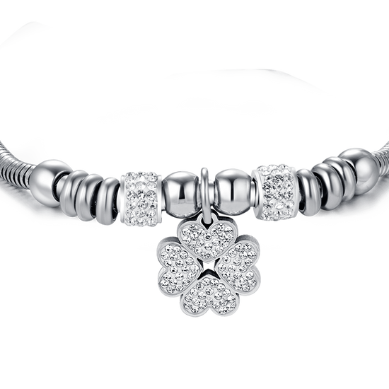 PULSERA DE ACERO PARA MUJER CON TRÉBOL DE CUATRO HOJAS CON CRISTALES BLANCOS