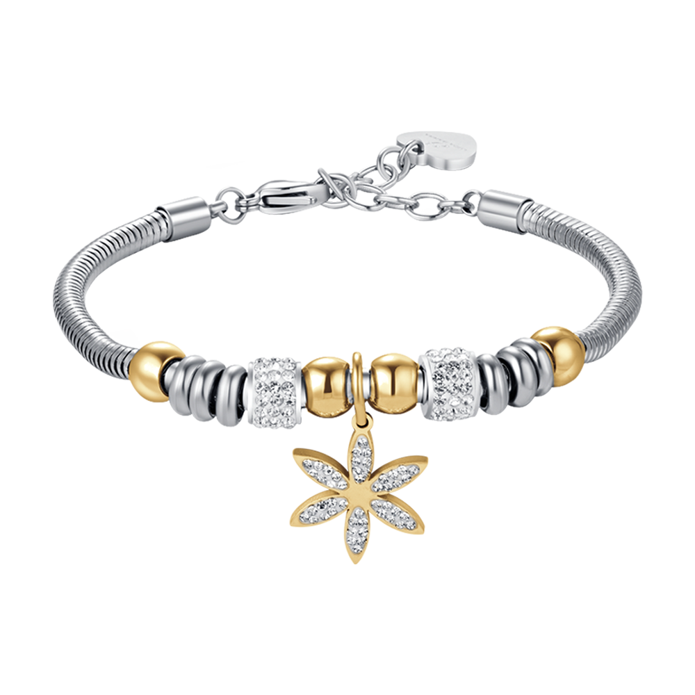 PULSERA DE ACERO PARA MUJER CON FLOR DE LA VIDA CON CRISTALES BLANCOS