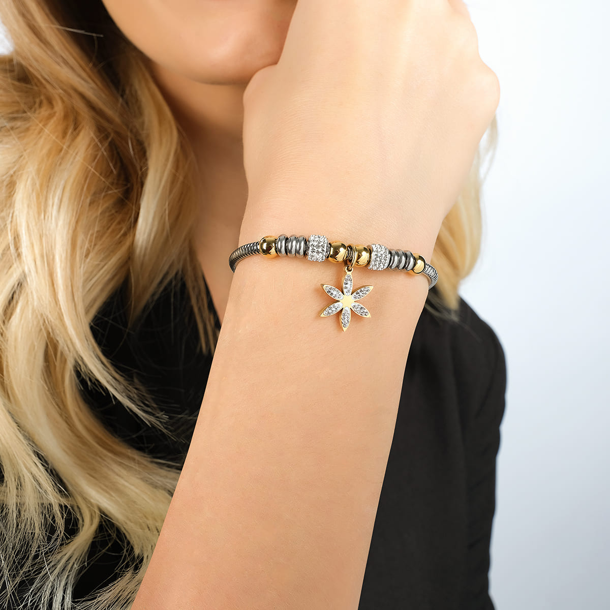 PULSERA DE ACERO PARA MUJER CON FLOR DE LA VIDA CON CRISTALES BLANCOS