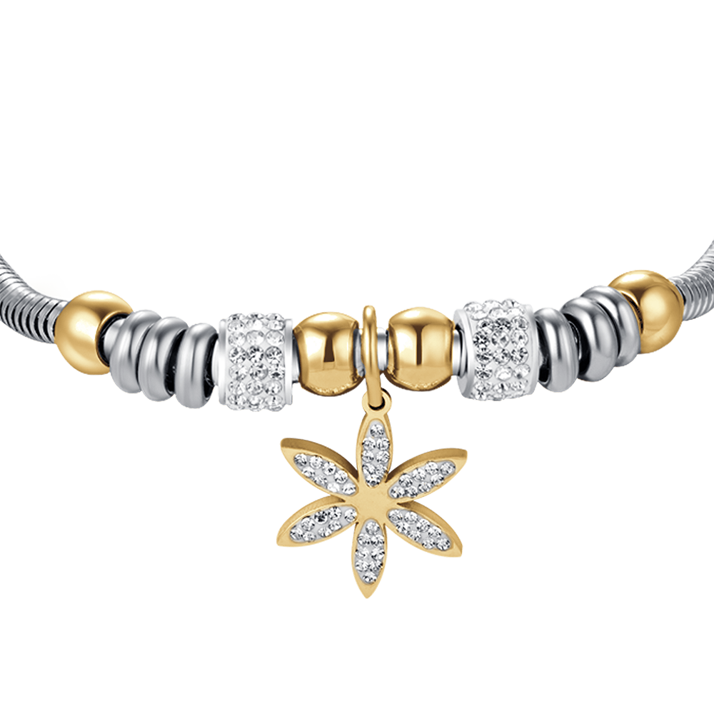 PULSERA DE ACERO PARA MUJER CON FLOR DE LA VIDA CON CRISTALES BLANCOS