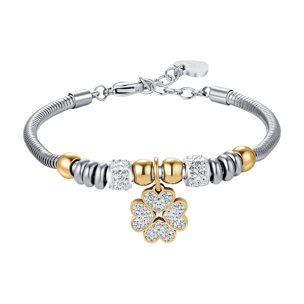 PULSERA DE ACERO PARA MUJER CON TRÉBOL DE CUATRO HOJAS CON CRISTALES BLANCOS