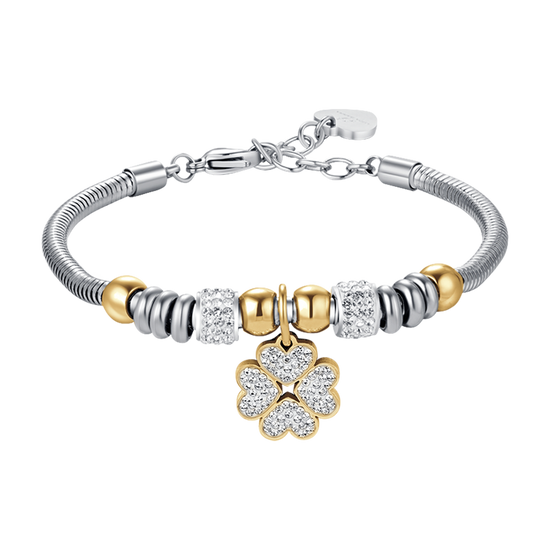 PULSERA DE ACERO PARA MUJER CON TRÉBOL DE CUATRO HOJAS CON CRISTALES BLANCOS
