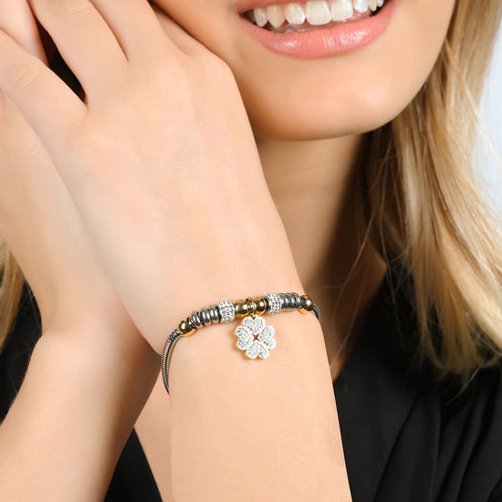PULSERA DE ACERO PARA MUJER CON TRÉBOL DE CUATRO HOJAS CON CRISTALES BLANCOS