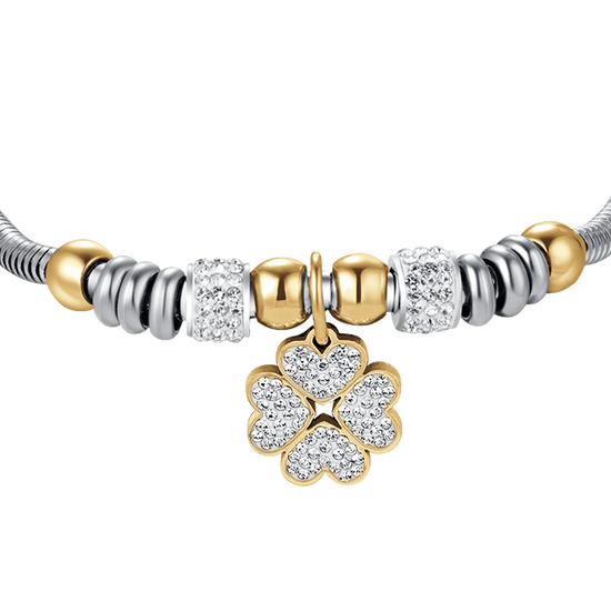 PULSERA DE ACERO PARA MUJER CON TRÉBOL DE CUATRO HOJAS CON CRISTALES BLANCOS