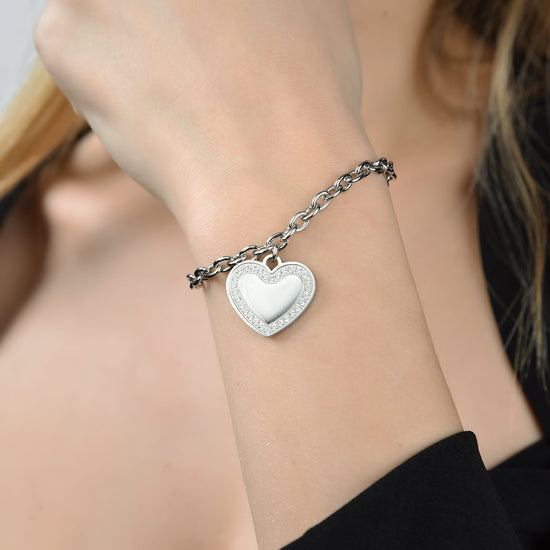 PULSERA DE ACERO DE MUJER CON CORAZÓN Y CRISTALES BLANCOS