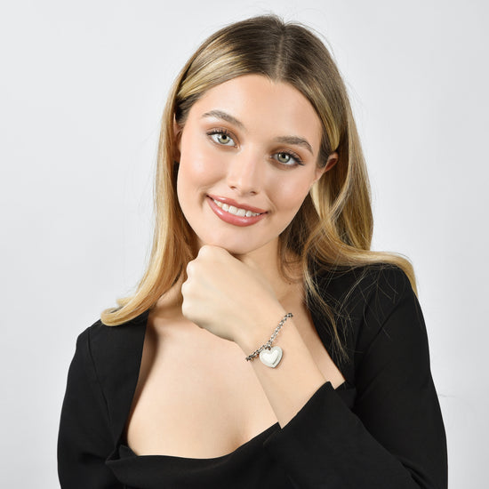 PULSERA DE ACERO DE MUJER CON CORAZÓN Y CRISTALES BLANCOS