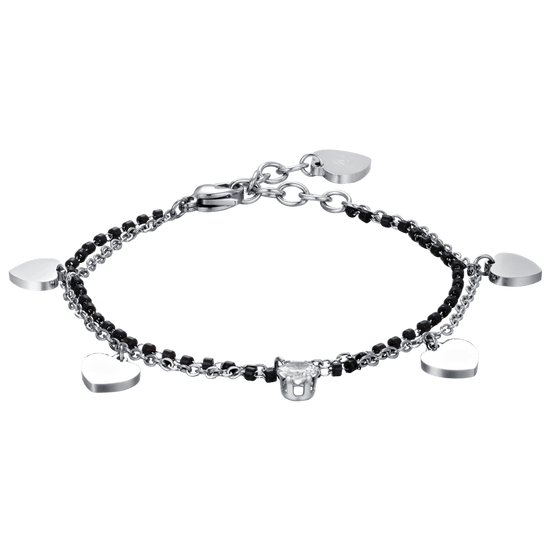 PULSERA DE ACERO PARA MUJER CON CORAZONES, ELEMENTOS NEGROS Y CRISTAL BLANCO