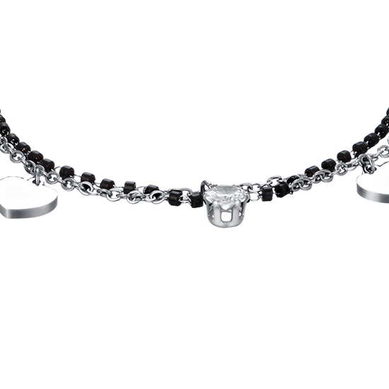PULSERA DE ACERO PARA MUJER CON CORAZONES, ELEMENTOS NEGROS Y CRISTAL BLANCO
