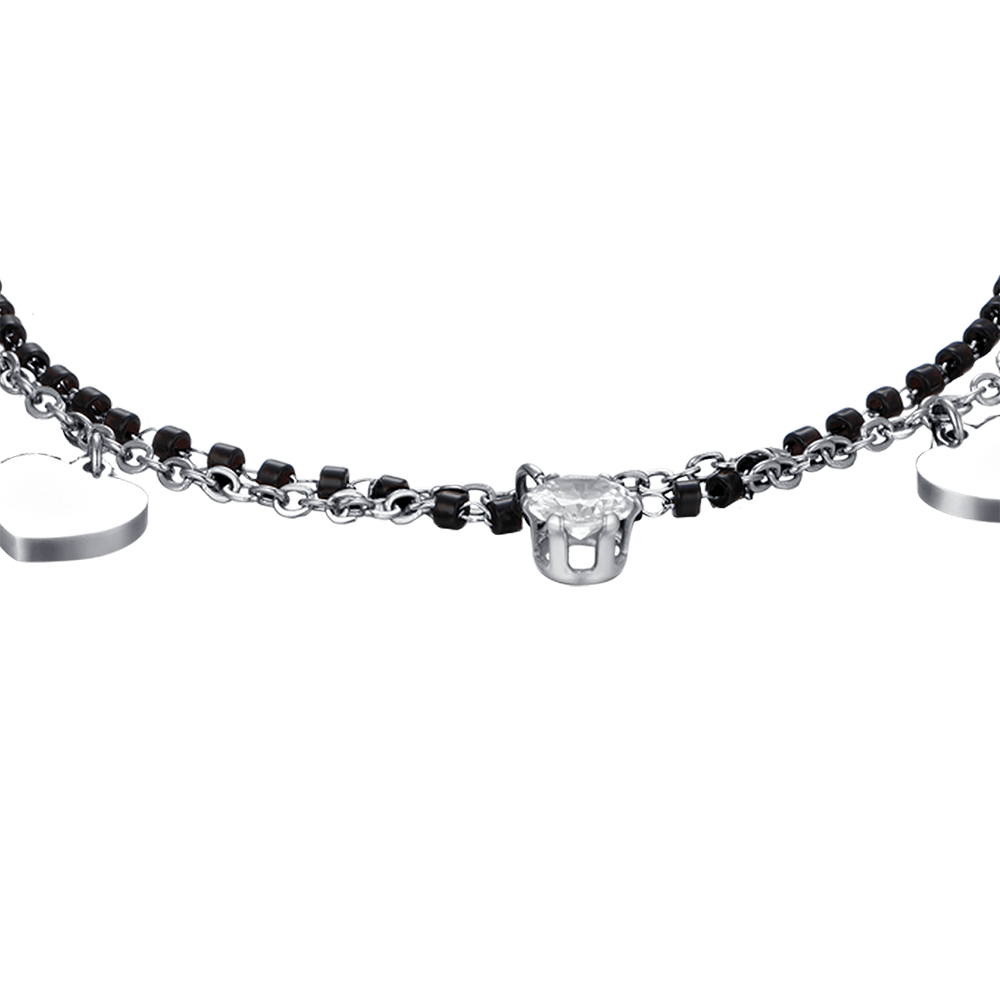 PULSERA DE ACERO PARA MUJER CON CORAZONES, ELEMENTOS NEGROS Y CRISTAL BLANCO