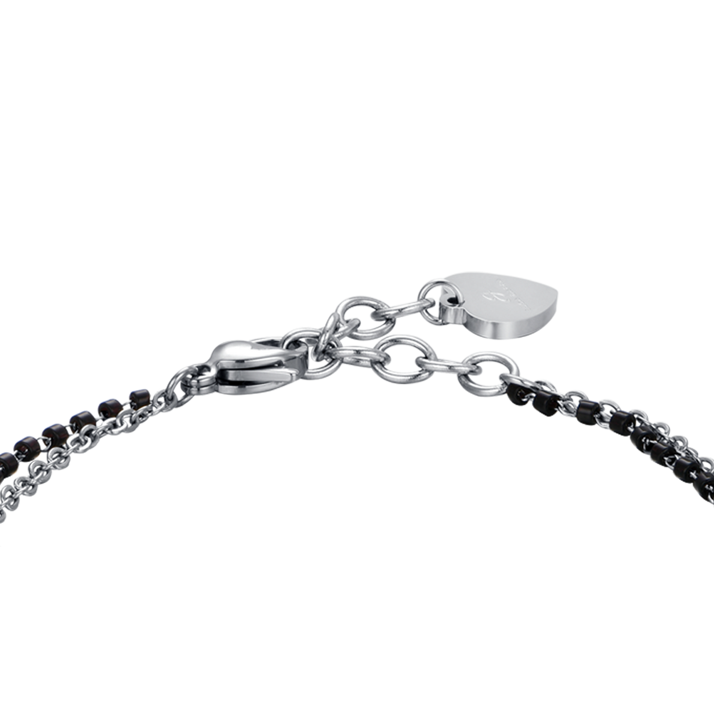 PULSERA DE ACERO PARA MUJER CON CORAZONES, ELEMENTOS NEGROS Y CRISTAL BLANCO